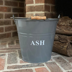 Large Metal Fireside Fireplace Ash Bucket with Lid and Shovel in French Grey