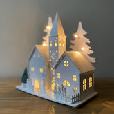 Christmas Village Alpine Scene White Wooden Ornament with LEDs