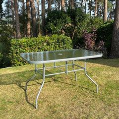 Rectangular Metal Garden Table with Glass Top Seats 6 with Hole for Parasol