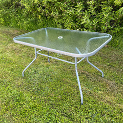 Rectangular Metal Garden Table with Glass Top Seats 6 with Hole for Parasol