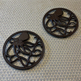Cast Iron Round Octopus Themed Table Trivet Stand for Hot Pans or Dishes (Pack of 2)