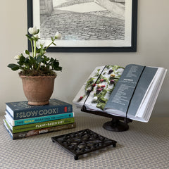 Cast Iron Ornate Cookbook Stand & Square Trivet Kitchen Set