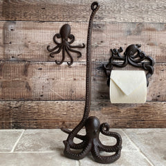 Cast Iron Octopus Shaped Loo Roll Holder Store, Wall Dispenser and Wall Hook Set