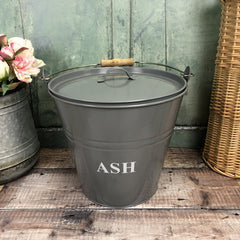 Large Metal Fireside Fireplace Ash Bucket with Lid and Shovel in French Grey