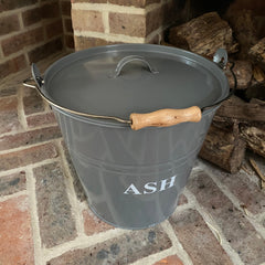Large Metal Fireside Fireplace Ash Bucket with Lid and Shovel in French Grey