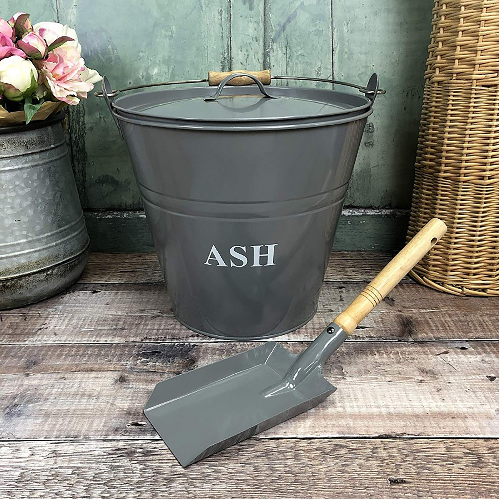 Metal Fireside Fireplace Shovel in French Grey with Wooden Handle
