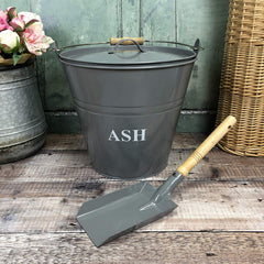 Large Metal Fireside Fireplace Ash Bucket with Lid and Shovel in French Grey