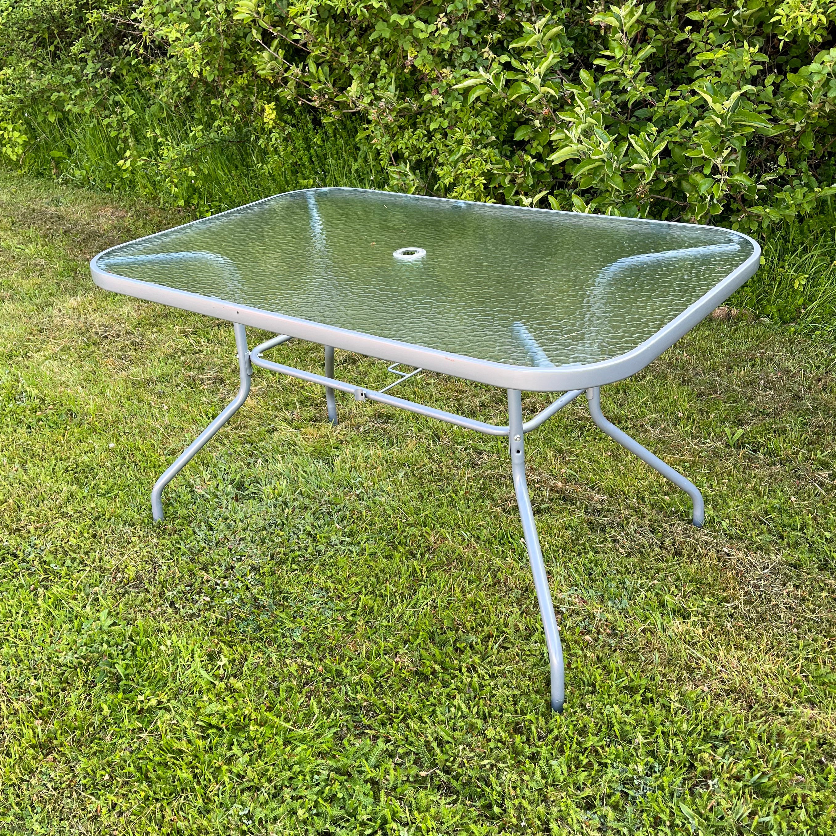 Rectangular Metal Garden Table with Glass Top Seats 6 with Hole for Parasol