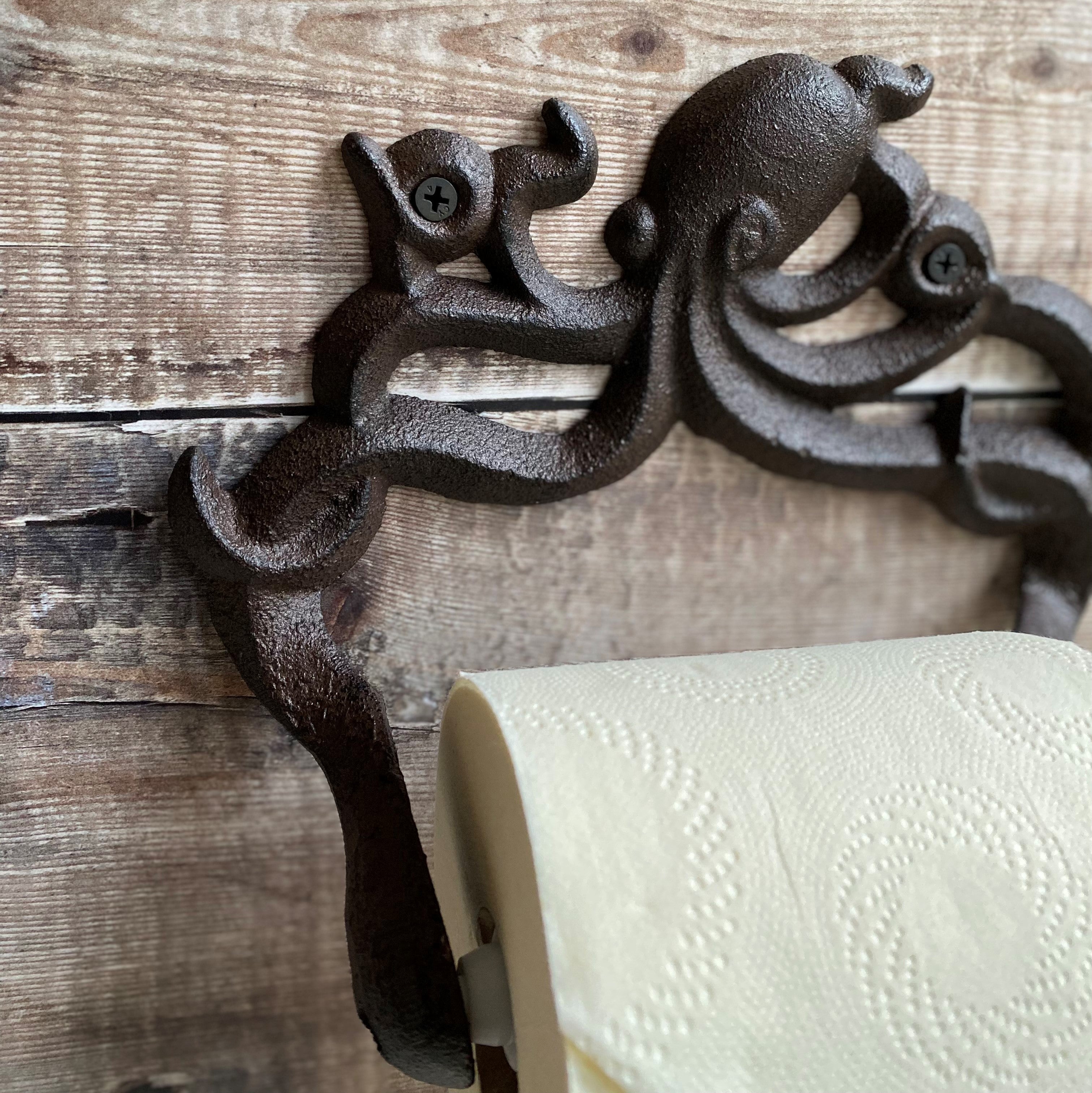 Cast Iron Octopus Shaped Loo Roll Holder Store, Wall Dispenser and Wall Hook Set