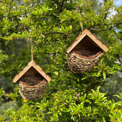 Woven House Martin Bird Rounded Cup Nesters with Wooden Roof (Set of 2)