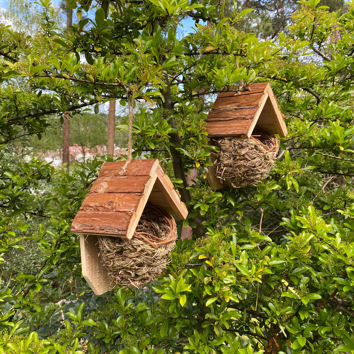 Woven House Martin Bird Rounded Cup Nesters with Wooden Roof (Set of 2)
