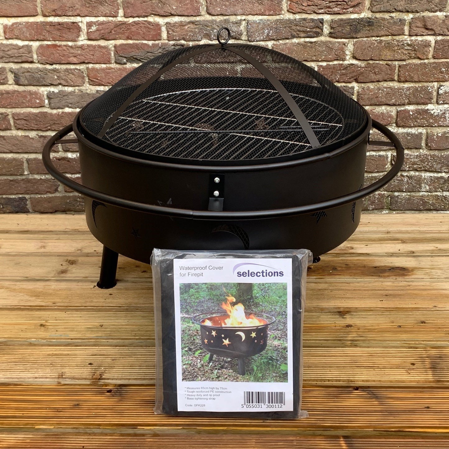 Star and Moon Design Metal Fire Pit with Grill, Safety Guard, Poker and Premium Cover