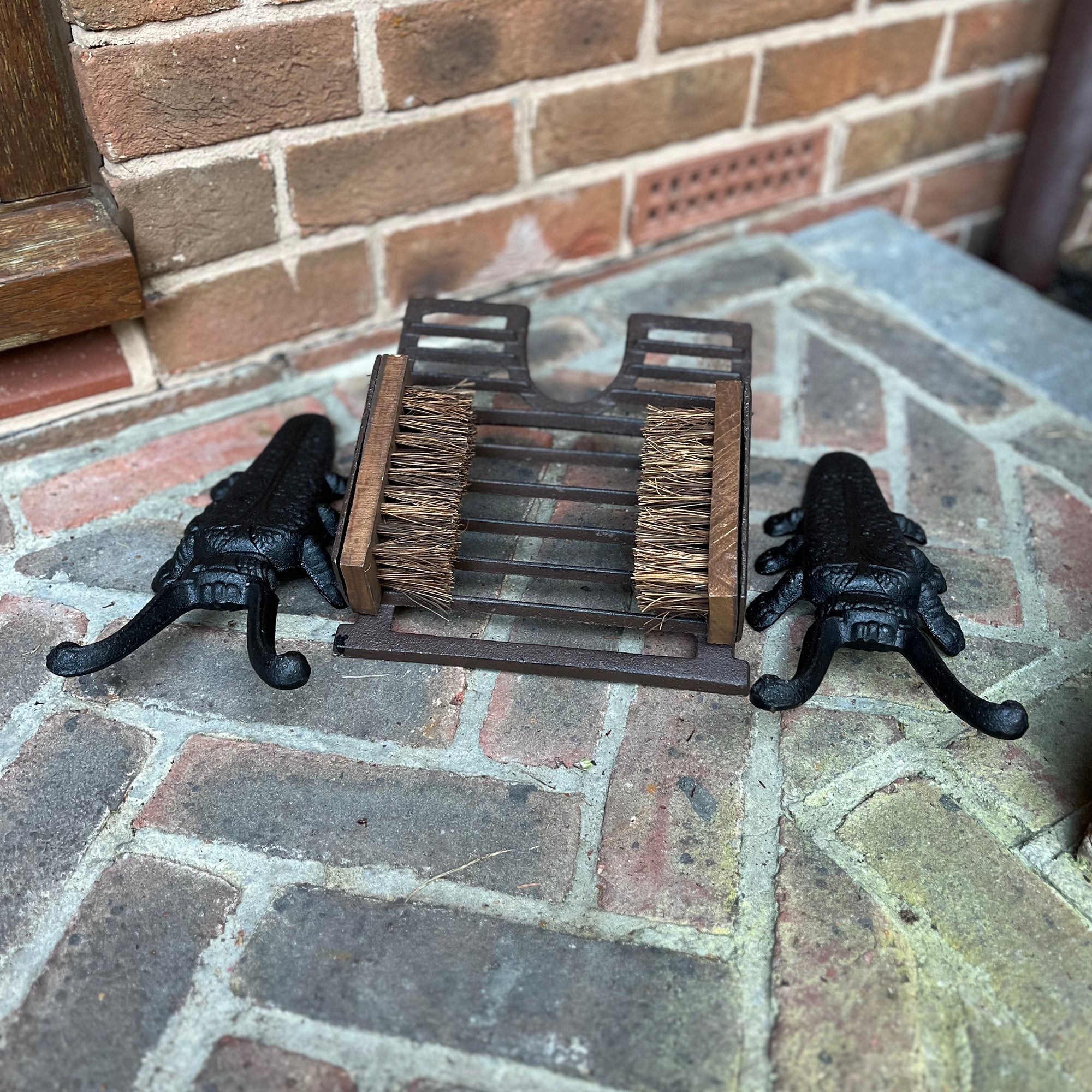 Cast Iron Vintage Boot Jack and Scraper with a Pair of Beetle Boot Jacks