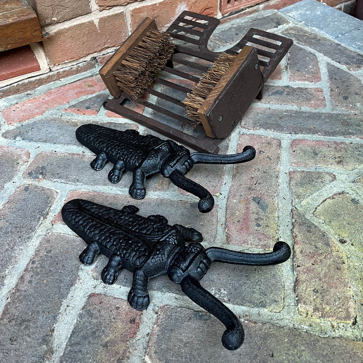 Cast Iron Vintage Boot Jack and Scraper with a Pair of Beetle Boot Jacks