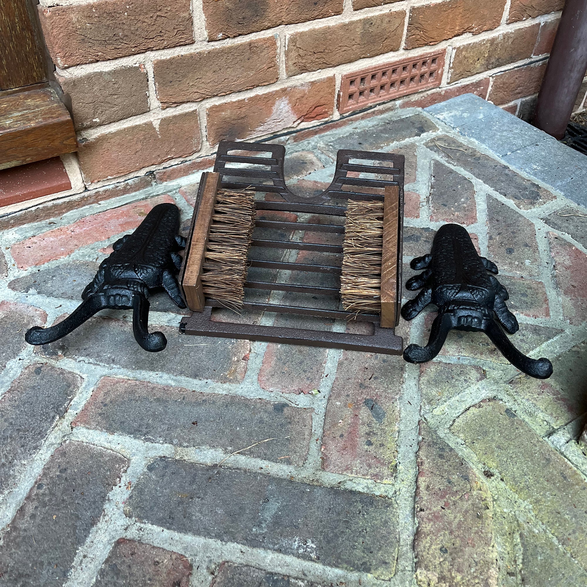 Cast Iron Vintage Boot Jack and Scraper with a Pair of Beetle Boot Jacks