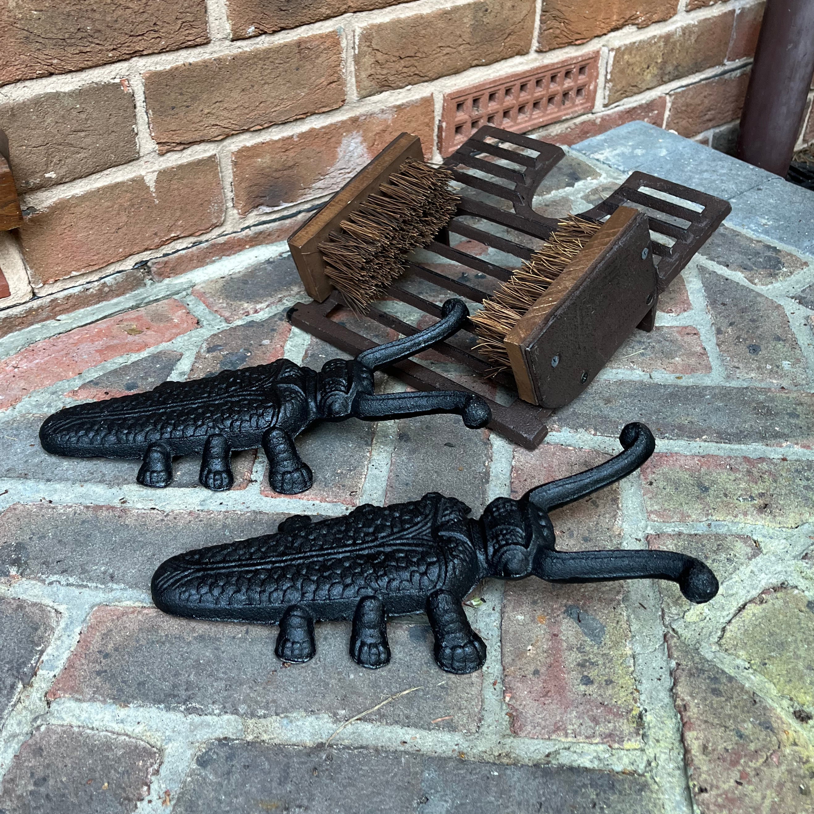 Cast Iron Vintage Boot Jack and Scraper with a Pair of Beetle Boot Jacks