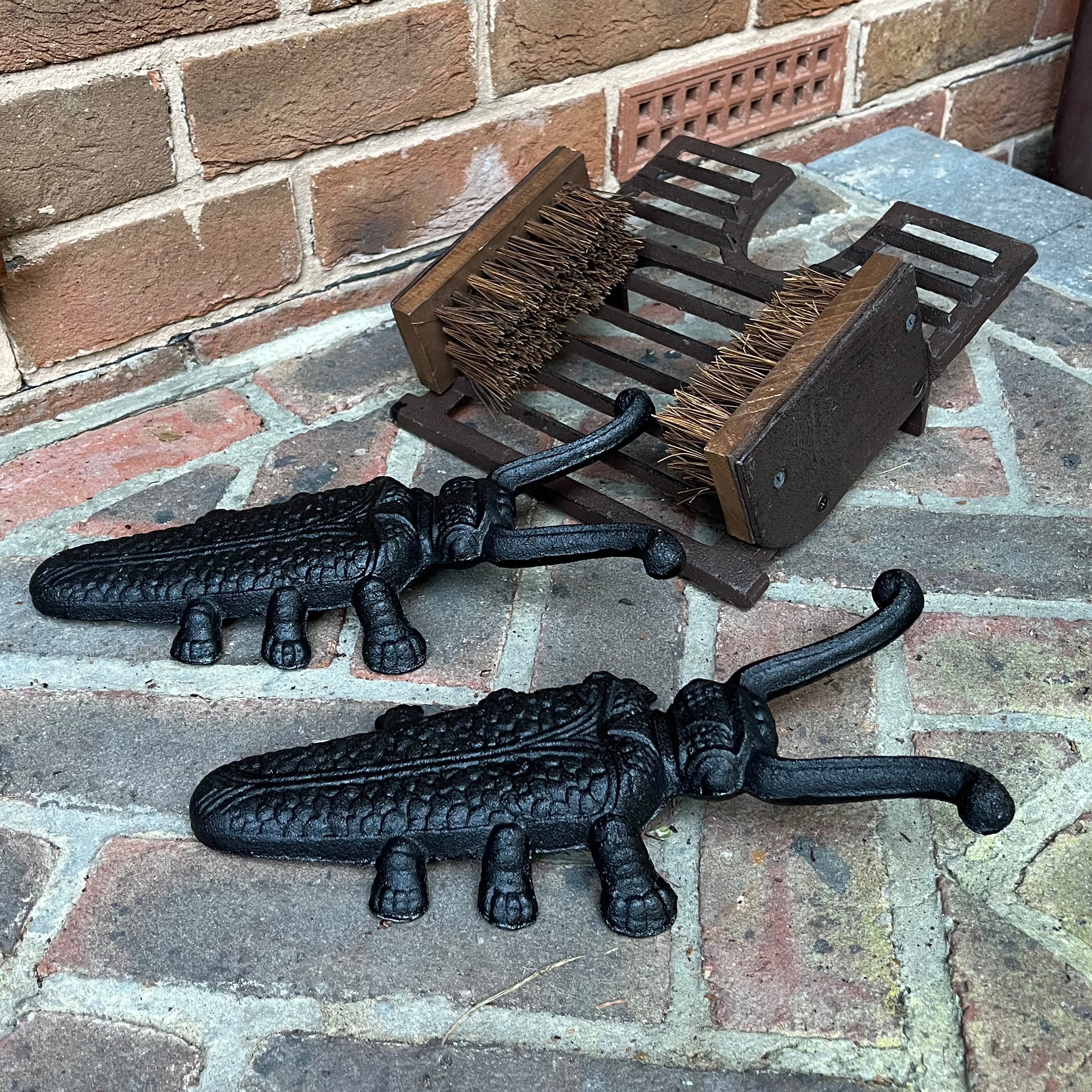 Cast Iron Vintage Boot Jack and Scraper with a Pair of Beetle Boot Jacks
