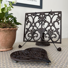 Cast Iron Ornate Cookbook Stand & Heart Trivet Kitchen Set