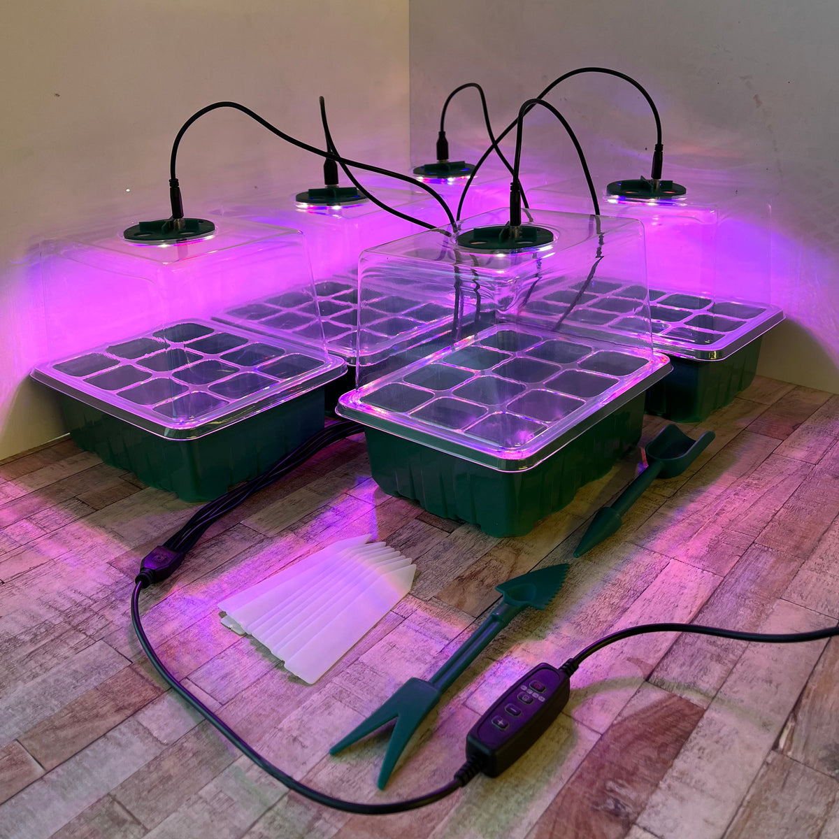 Plant Propagator 12 Cell Seed Tray Set with Full Spectrum USB Grow Lights - Pack of 5