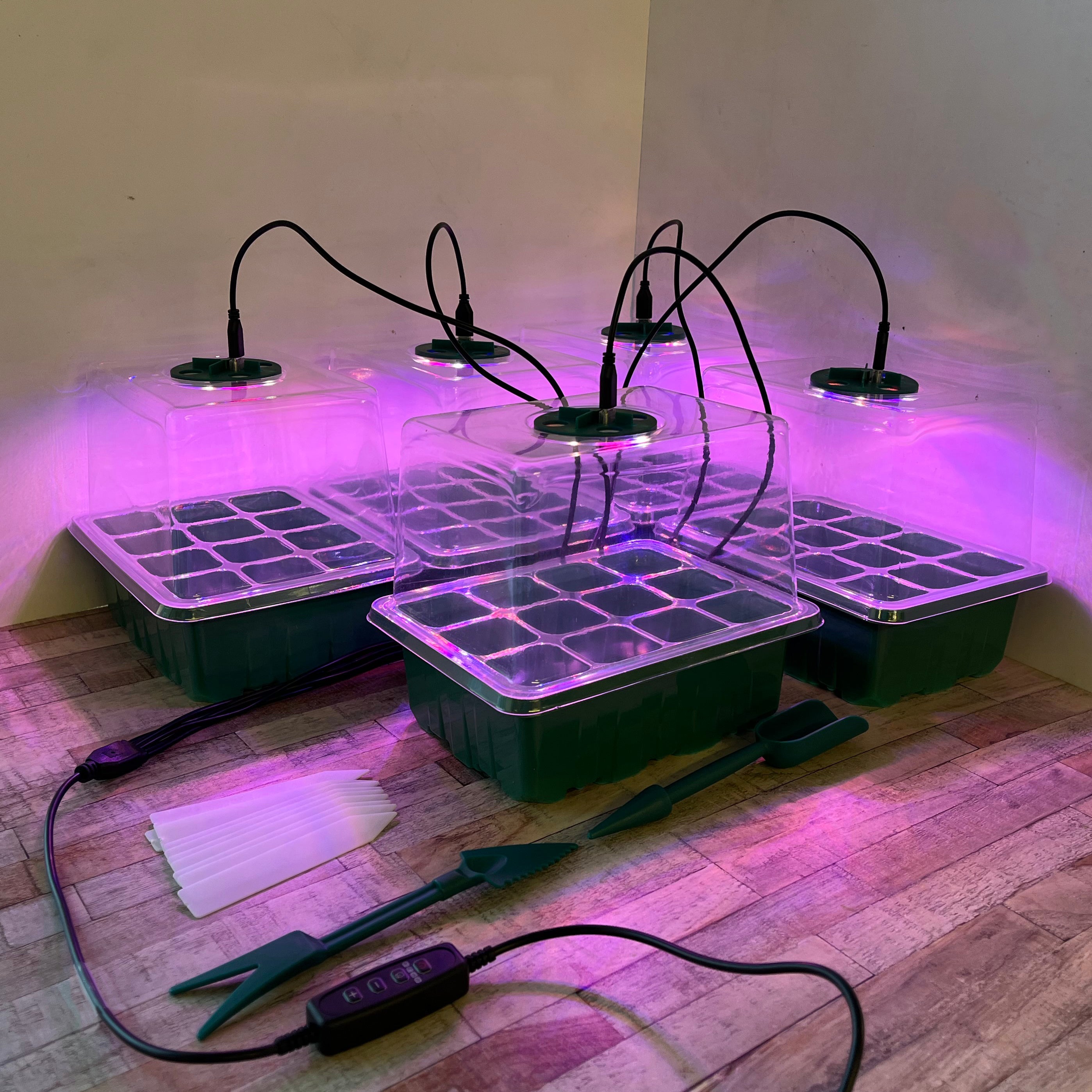 Plant Propagator 12 Cell Seed Tray Set with Full Spectrum USB Grow Lights - Pack of 5