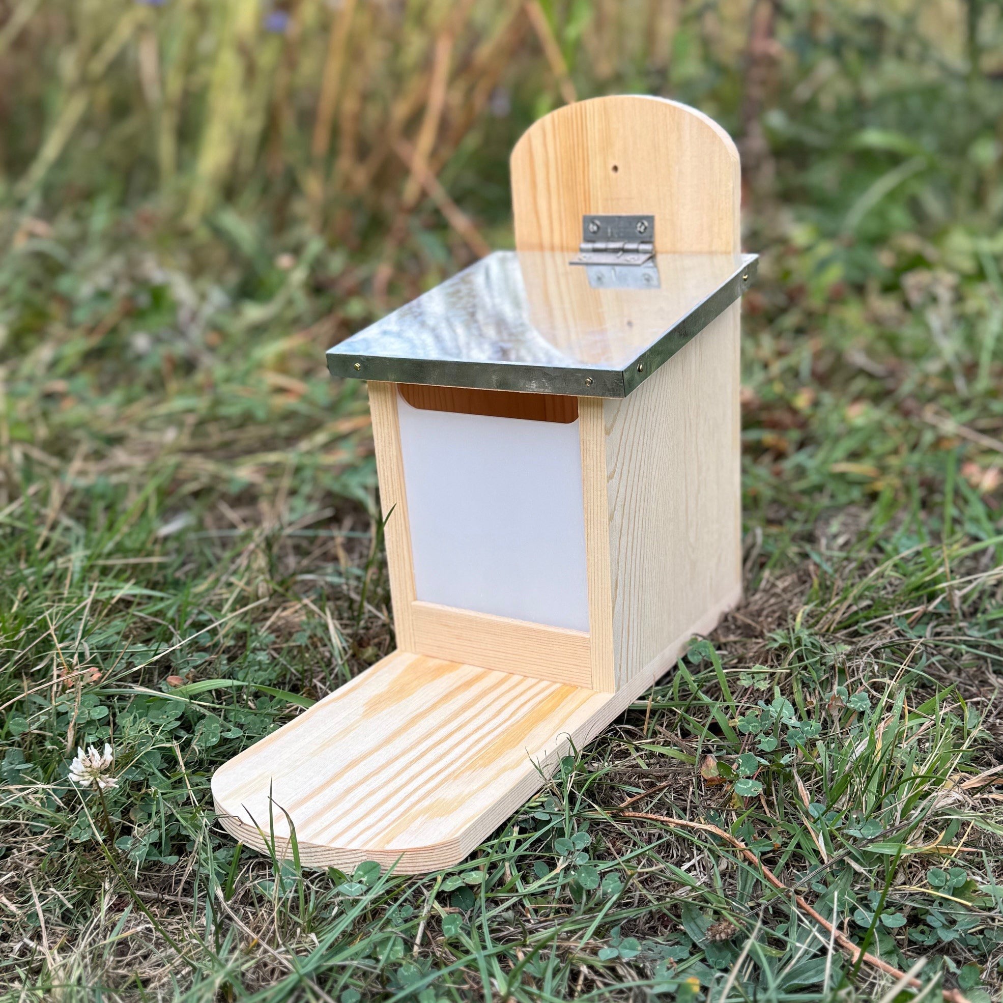 Wooden Wall Mounted Squirrel Feeder with Feeding Platform & Metal Roof