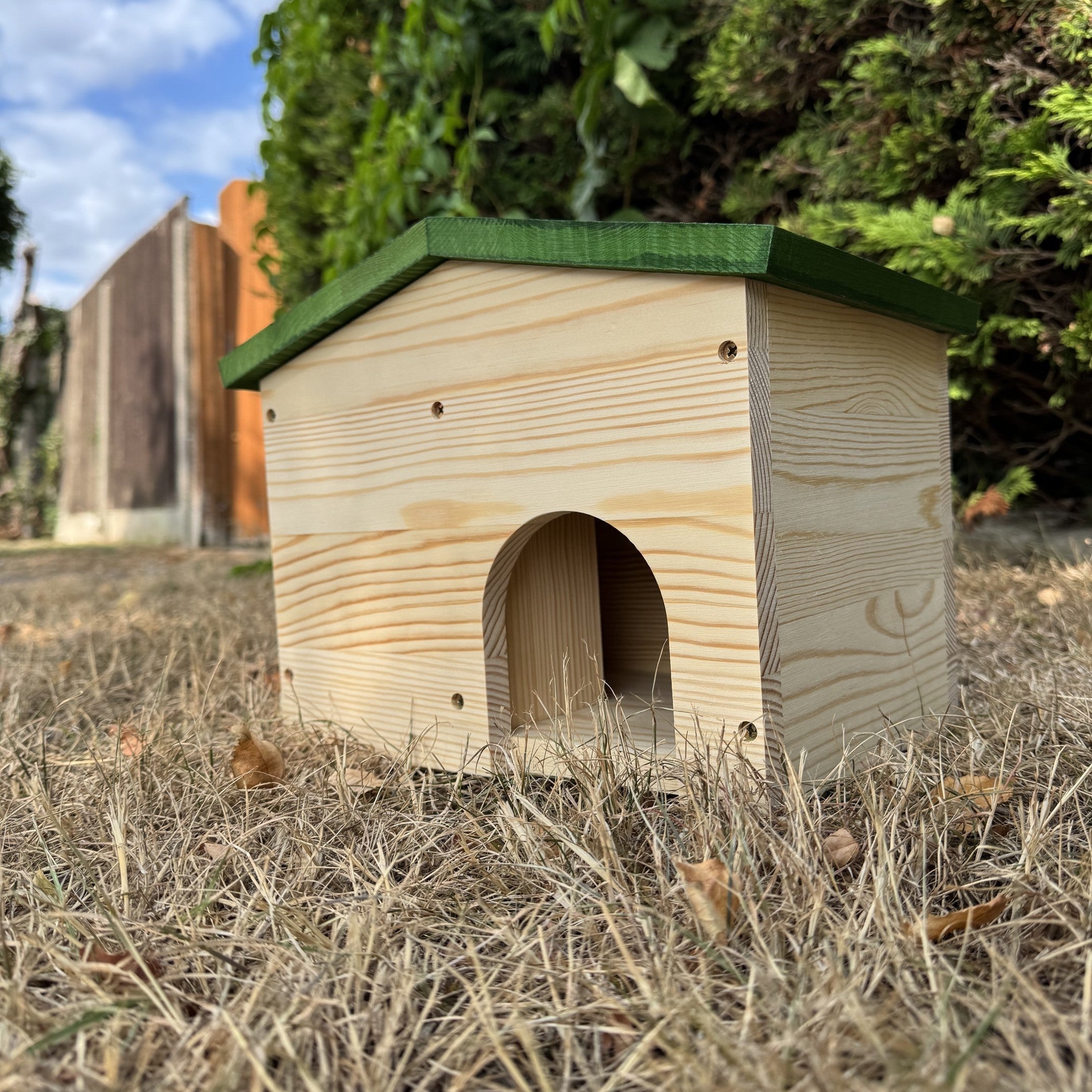 Premium Wooden Hedgehog House - Hinged Green Roof Hibernation Shelter