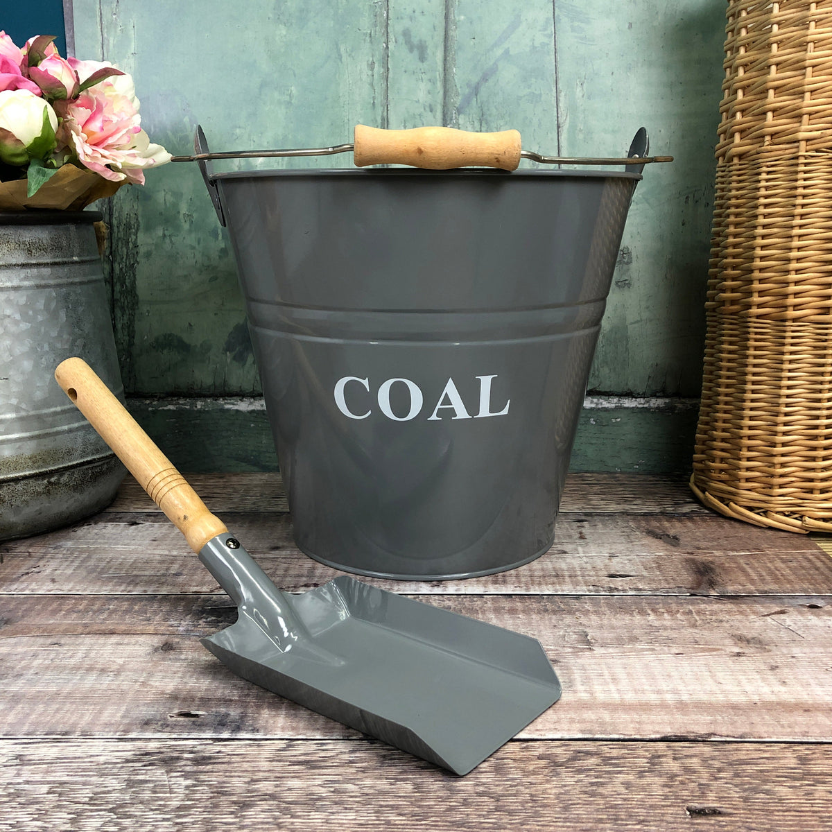 Large Metal Fireside Fireplace Coal Bucket & Shovel in French Grey